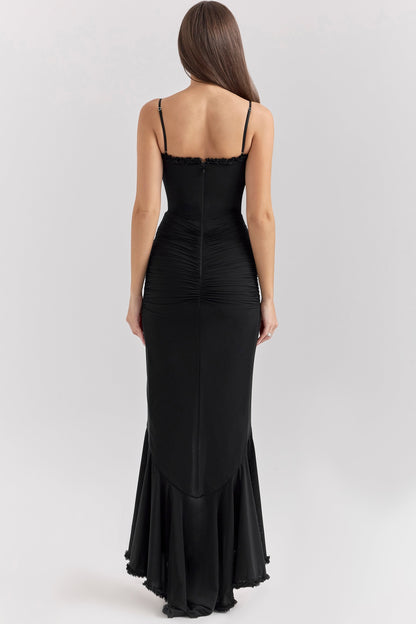 Sweetheart Ruched Maxi Dress With Cascading Ruffle and High Slit