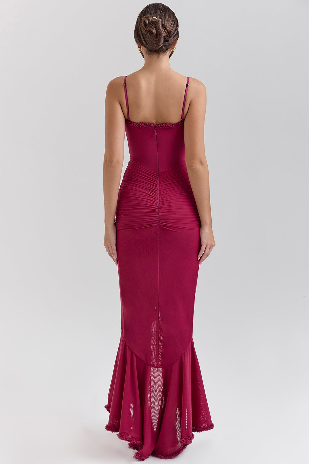 Sweetheart Ruched Maxi Dress With Cascading Ruffle and High Slit
