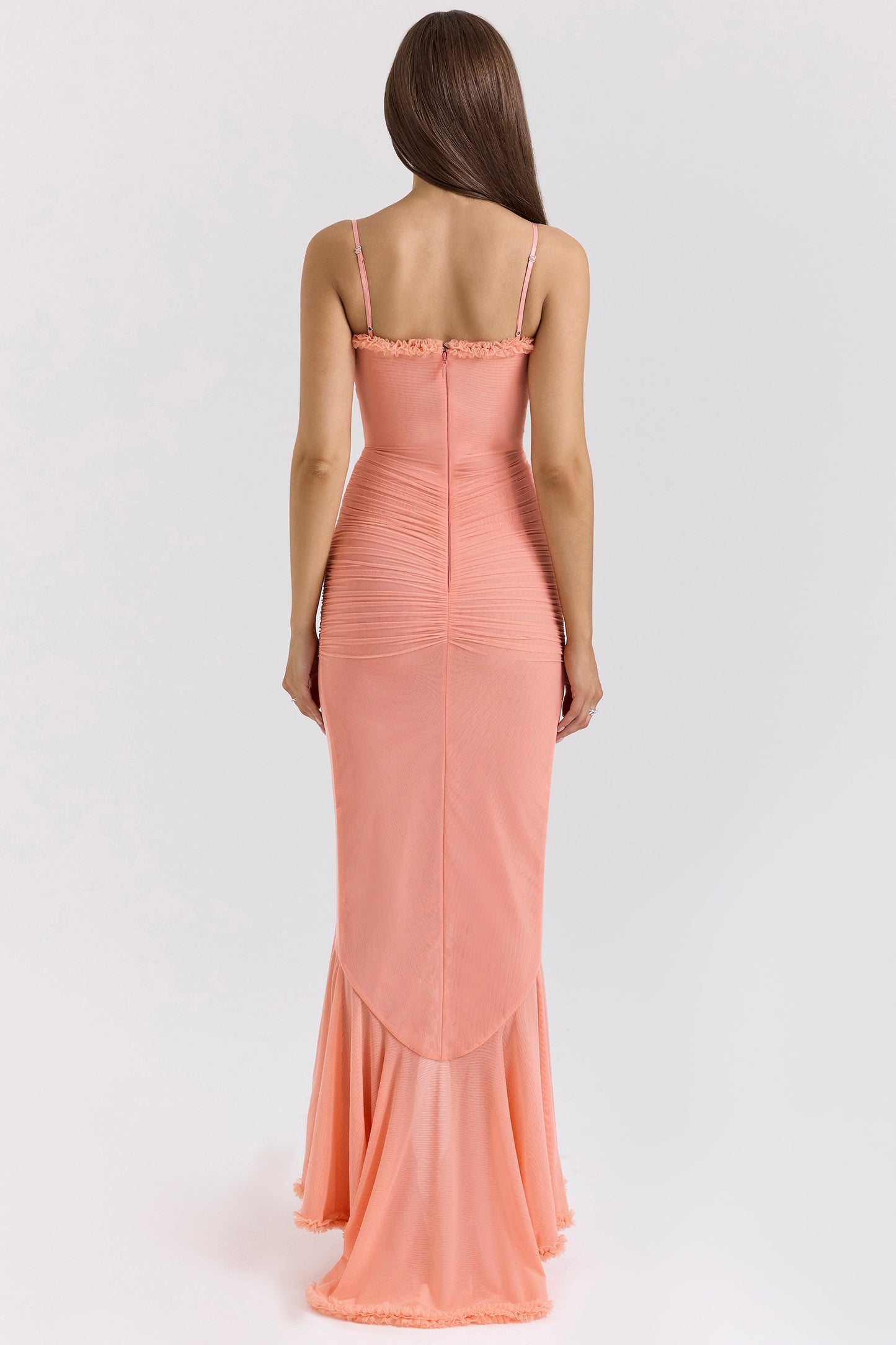 Sweetheart Ruched Maxi Dress With Cascading Ruffle and High Slit