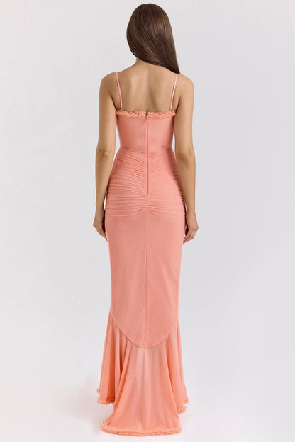 Sweetheart Ruched Maxi Dress With Cascading Ruffle and High Slit