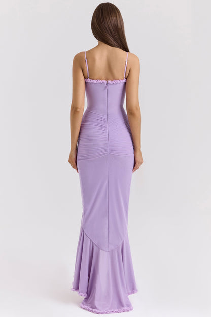 Sweetheart Ruched Maxi Dress With Cascading Ruffle and High Slit