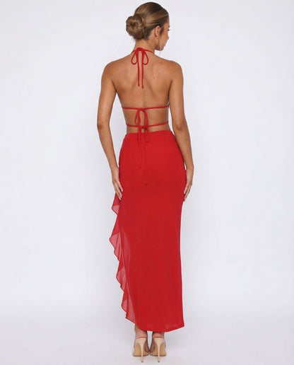 Plunging Backless Maxi Dress With Ruffle Trim and Side Slit