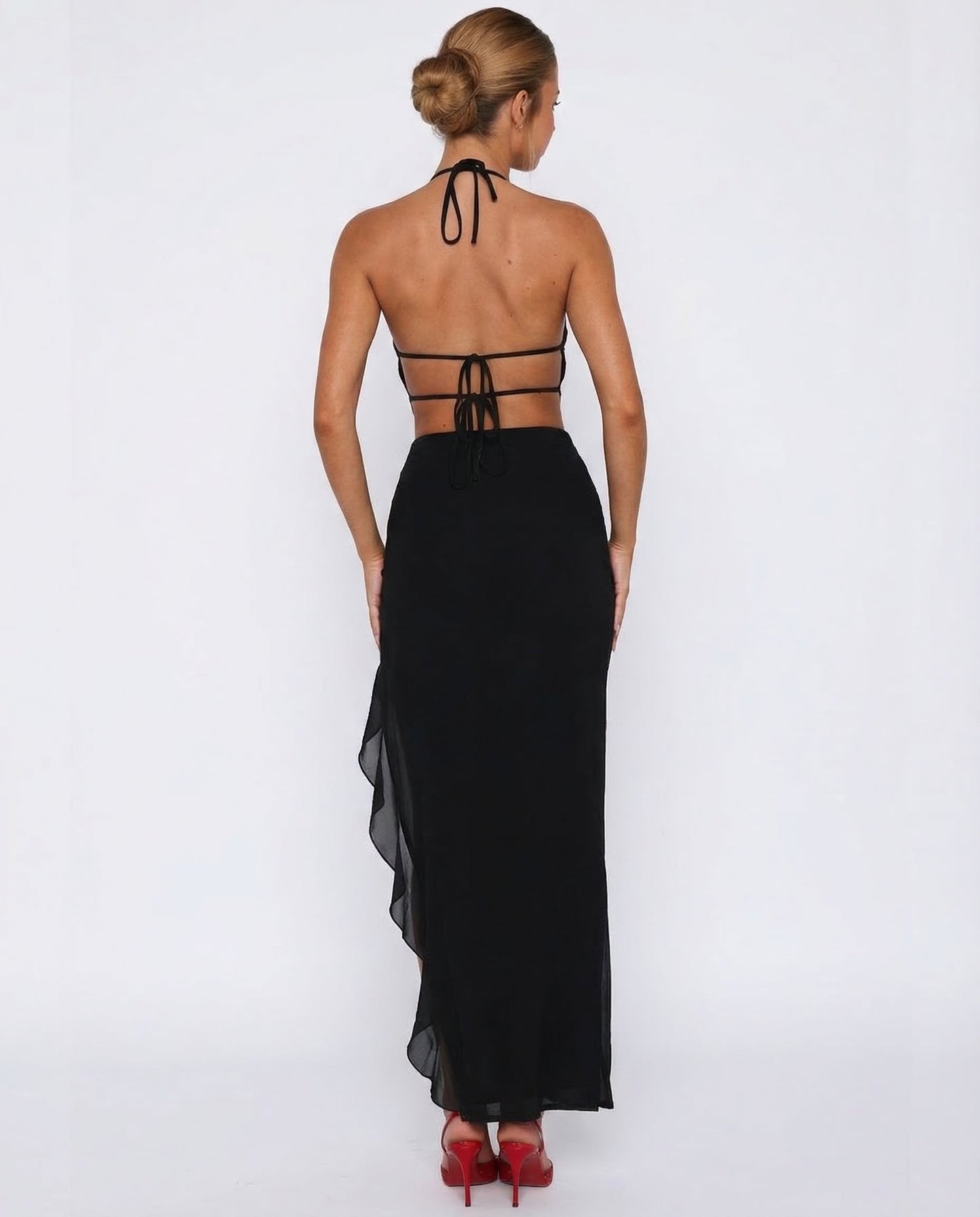 Plunging Backless Maxi Dress With Ruffle Trim and Side Slit