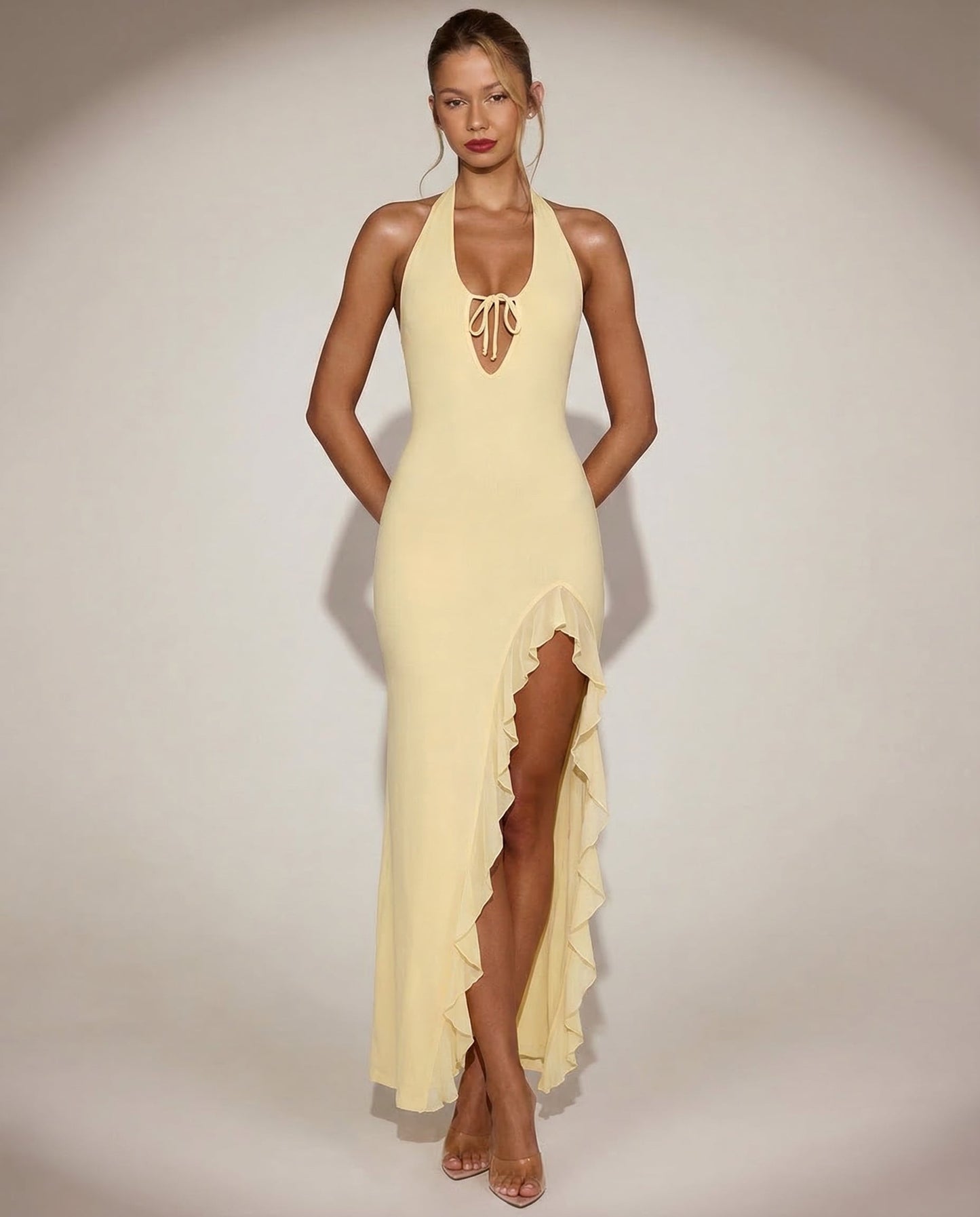 Plunging Backless Maxi Dress With Ruffle Trim and Side Slit