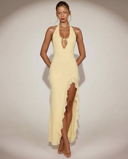 Plunging Backless Maxi Dress With Ruffle Trim and Side Slit