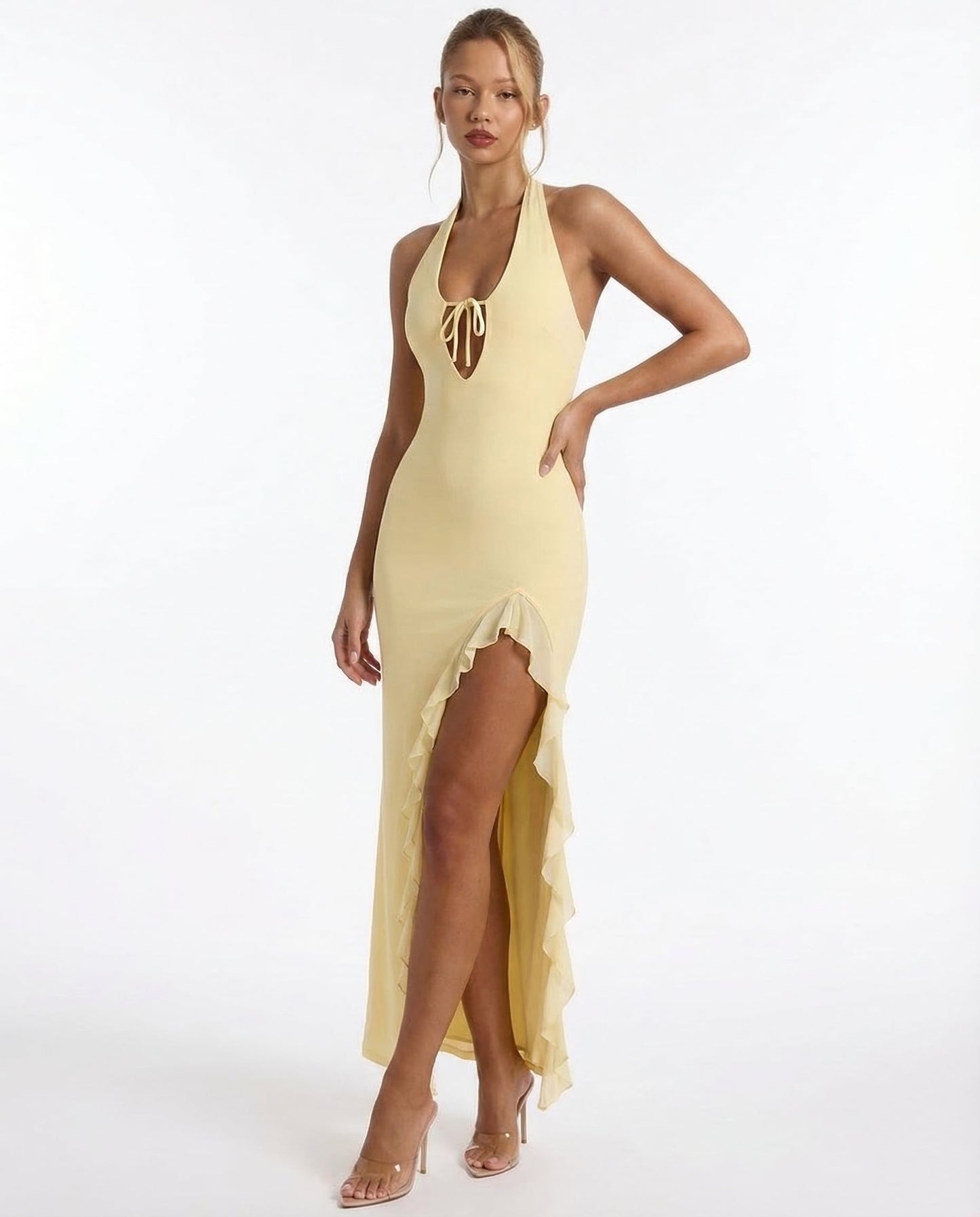 Plunging Backless Maxi Dress With Ruffle Trim and Side Slit