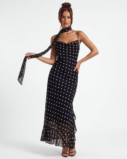Polka Dot Maxi Dress With Sheer Hem and Straight Silhouette