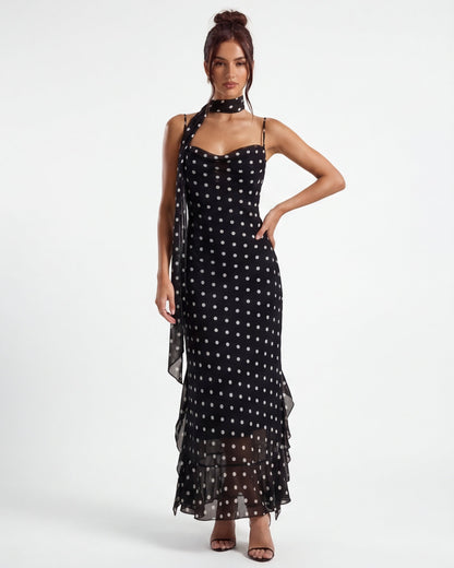 Polka Dot Maxi Dress With Sheer Hem and Straight Silhouette