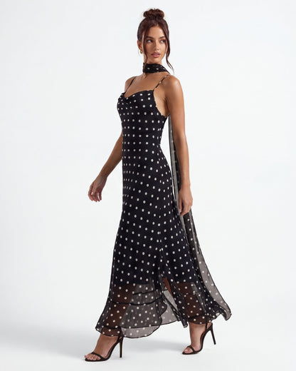 Polka Dot Maxi Dress With Sheer Hem and Straight Silhouette