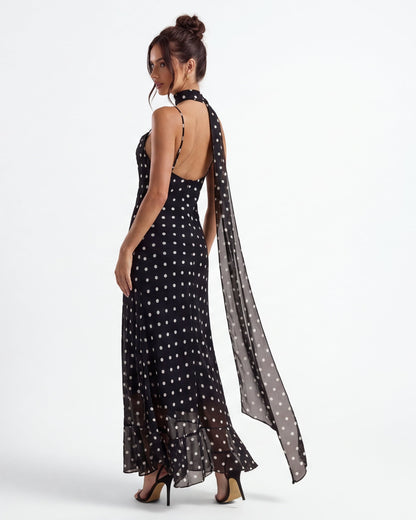 Polka Dot Maxi Dress With Sheer Hem and Straight Silhouette