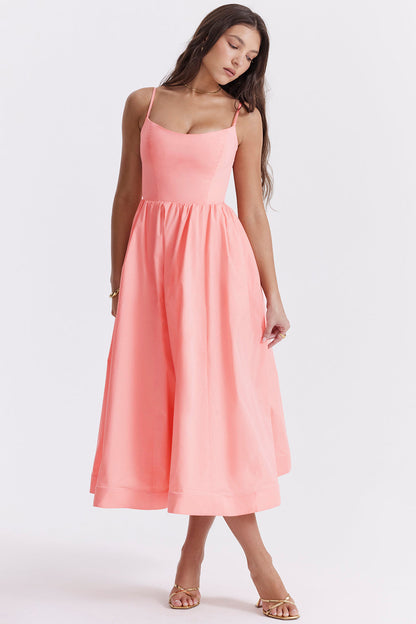 Sleeveless Open Back Midi Dress With Loose Fit and Straight Hem