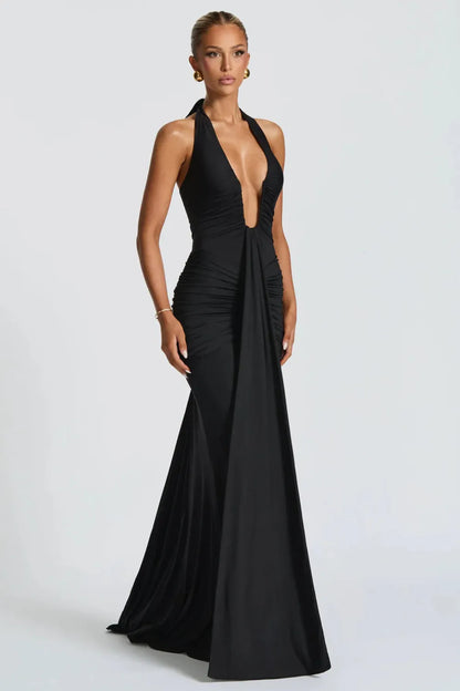 Plunging U Wire Halter Maxi Dress