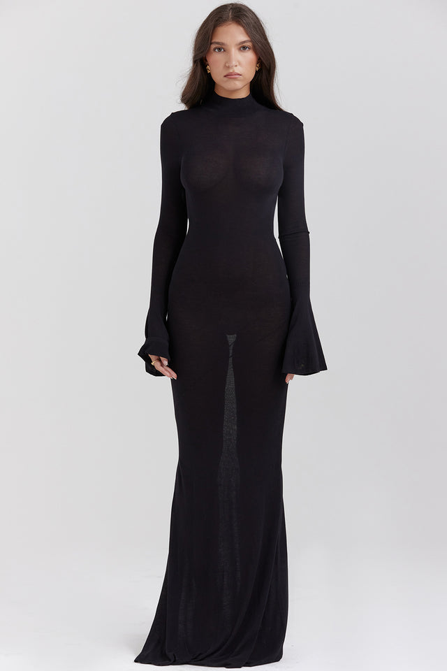 Backless Knit Maxi Dress With Fluted Sleeves