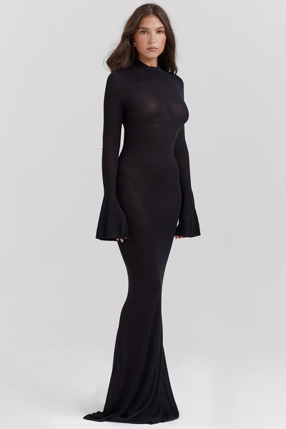 Backless Knit Maxi Dress With Fluted Sleeves