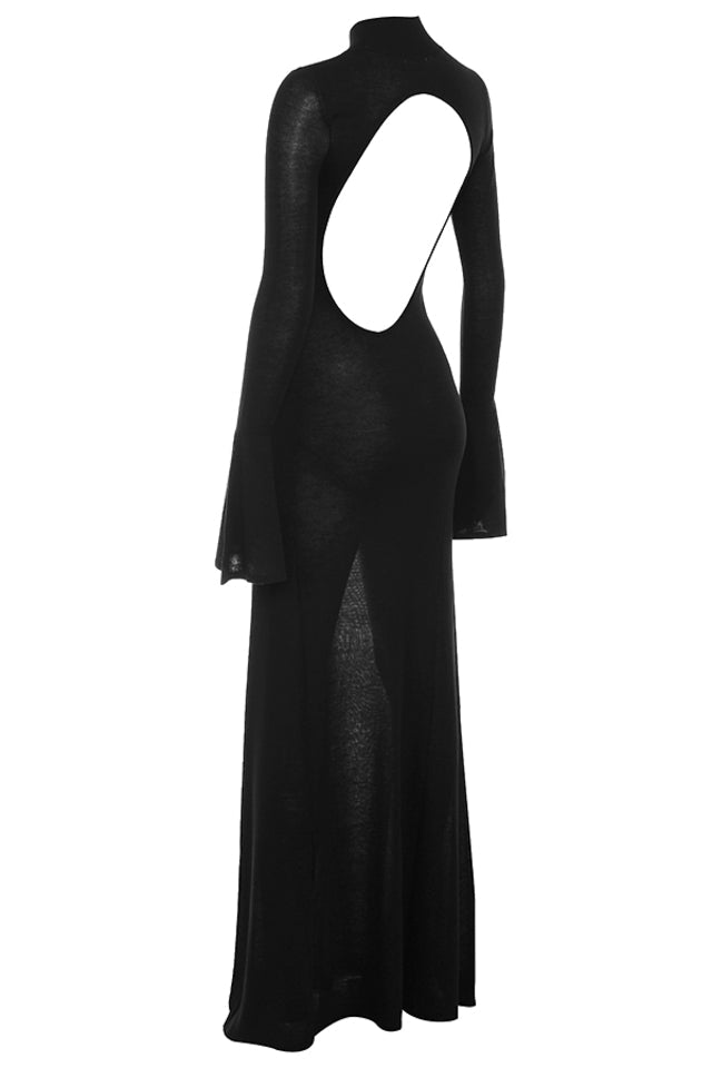 Backless Knit Maxi Dress With Fluted Sleeves